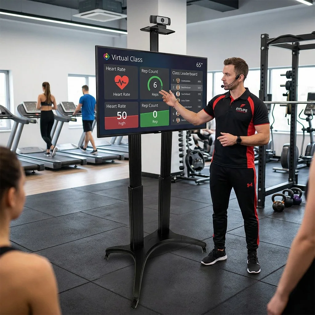 A fitness trainer wearing a headset and a black and red uniform is standing in front of a large digital screen displaying a virtual class with heart rate and rep count information. The gym has treadmills and weightlifting equipment, with a woman running on a treadmill in the background.