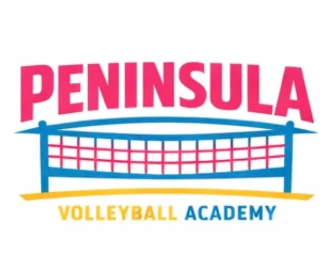 Logo for Peninsula Volleyball Academy with stylized volleyball net and text in pink, blue, and yellow.
