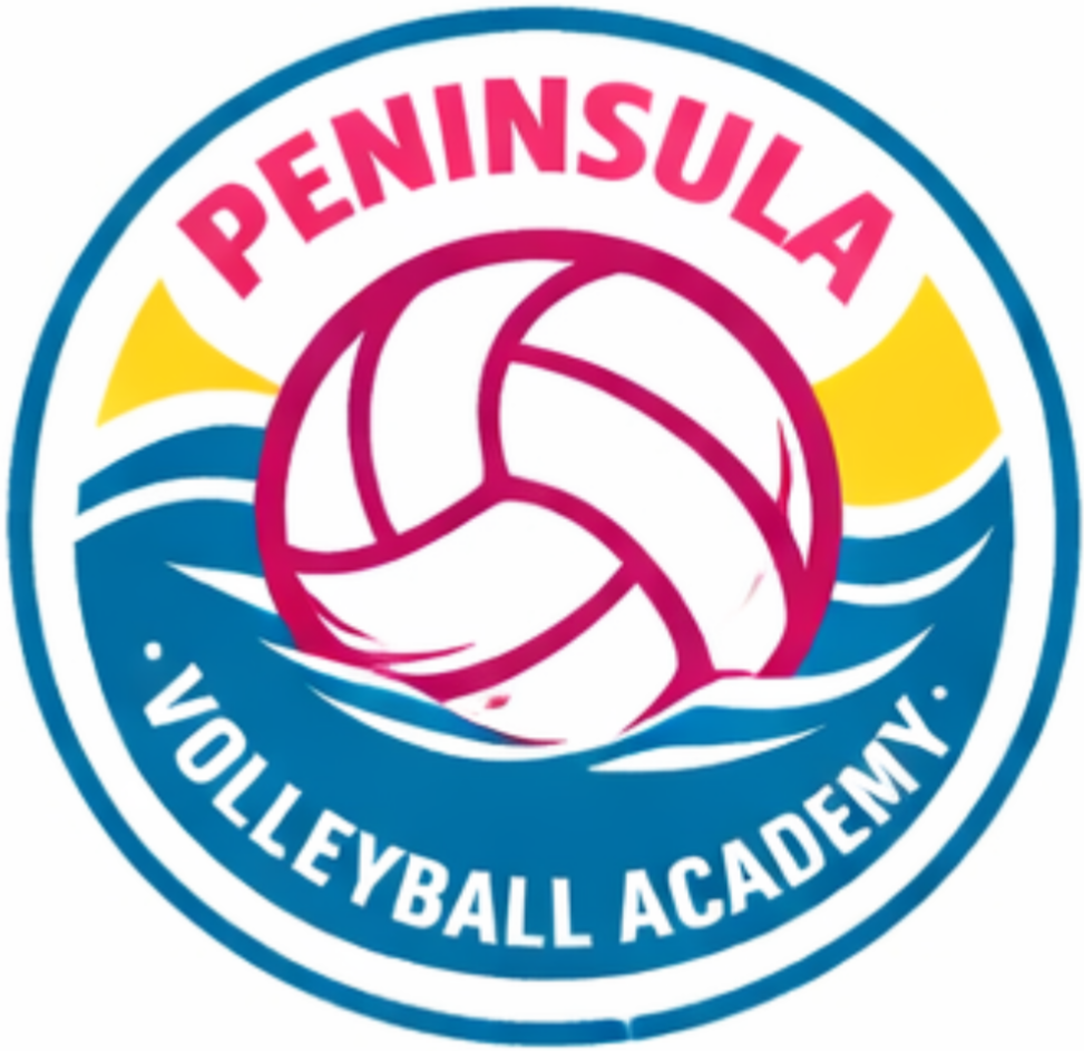 A circular logo for the Peninsula Volleyball Academy featuring a volleyball, with stylized sun and wave elements and the text 'Peninsula Volleyball Academy'.