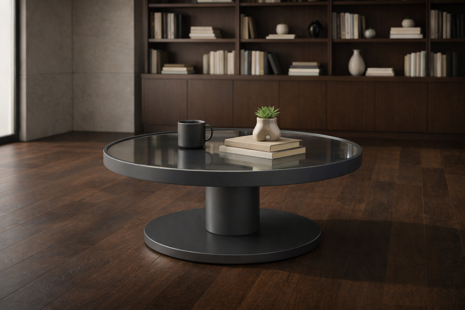 Modern coffee table with serene decor.png