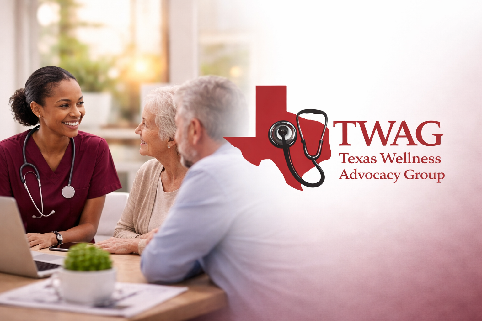 A healthcare professional and an elderly patient smiling during a consultation, with the Texas Wellness Advocacy Group logo on the right.