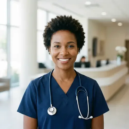 A smiling Black female nurse in blue scrubs with a stethoscope around her neck in a modern hospital lobby.