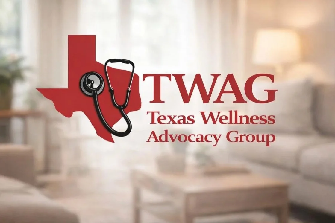 Logo for Texas Wellness Advocacy Group with a stethoscope and Texas map.