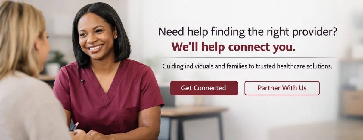 A woman in medical scrubs smiling and talking to a patient in an office setting, with text overlay providing assistance for healthcare provider search.