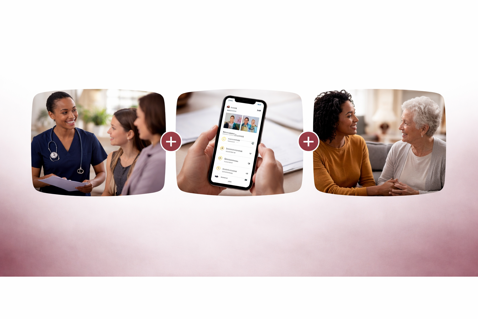 Sequence of three images showing healthcare interactions: a nurse speaking with a patient, a person viewing a healthcare app on a smartphone, and a caregiver talking with an elderly woman.