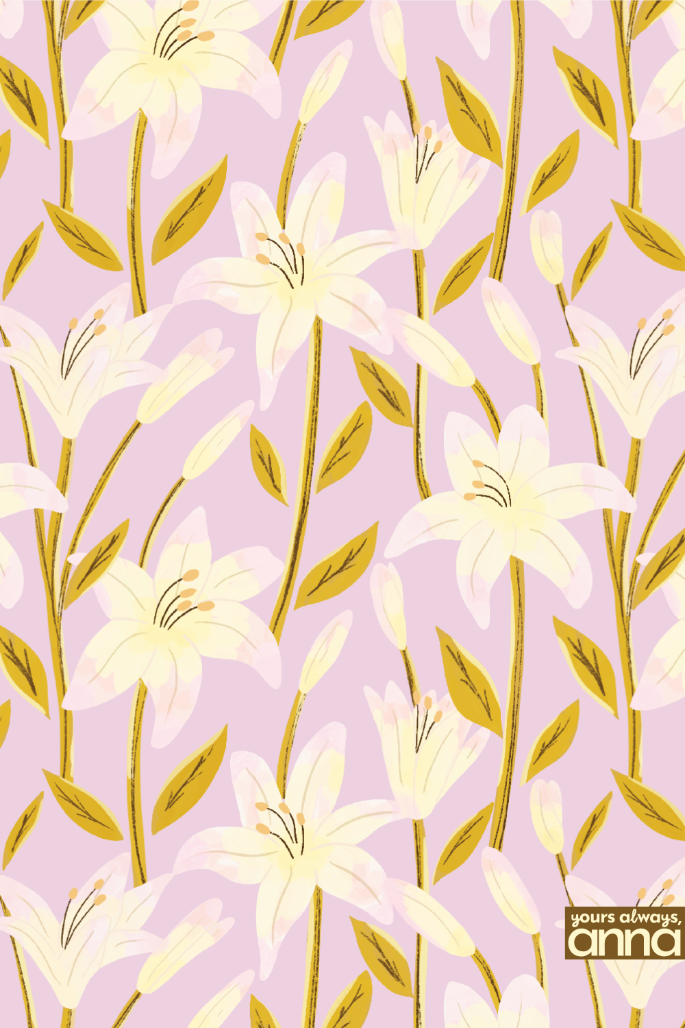 Lavender background repeat pattern of large cream and blush lily flowers with gold stems and leaves.