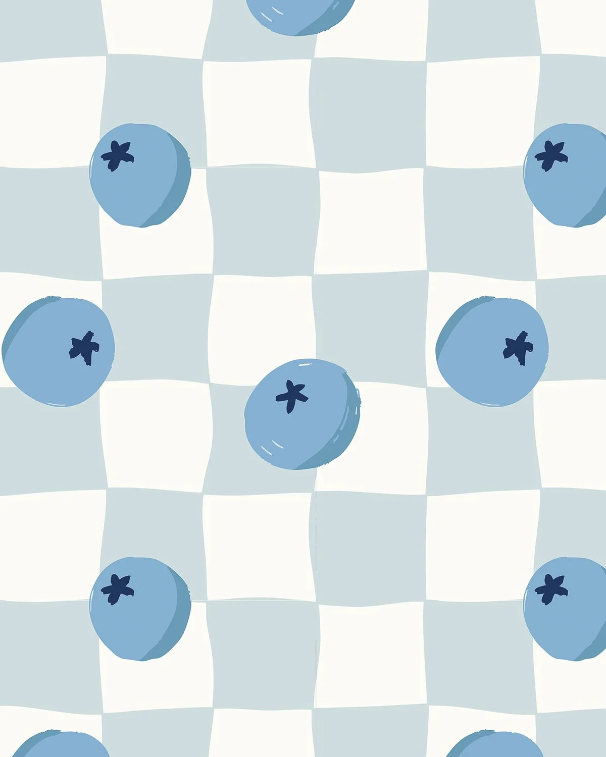 Retro wavy checker surface pattern with illustrated blueberries in slate blue and cream by Yours Always Anna — fruit surface design available for fabric, kitchen textile, gift wrap, and stationery licensing