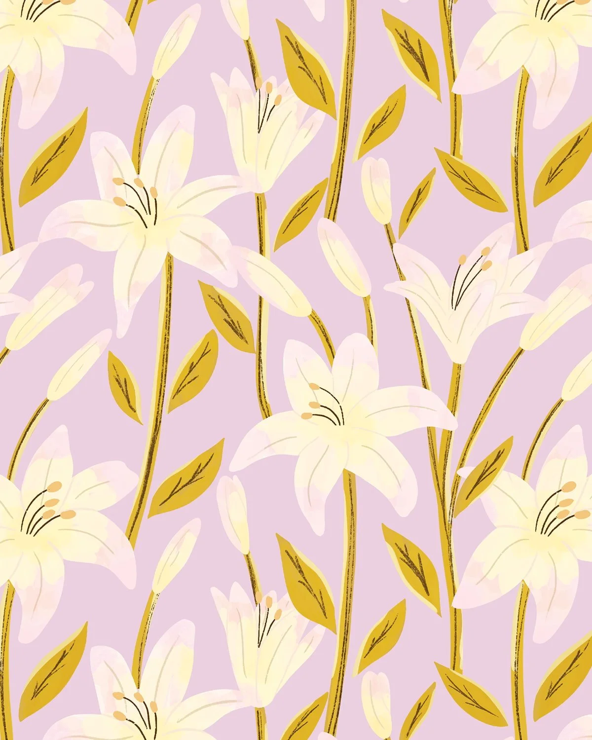 White lily large-scale floral repeat surface pattern on lavender by Yours Always Anna — botanical design available for stationery, fabric, wallpaper, and home decor licensing