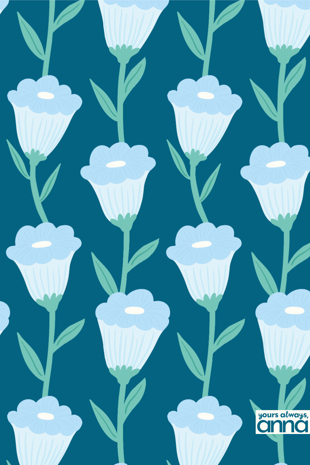 Teal background repeat pattern of large light blue bell shaped flowers with green stems.