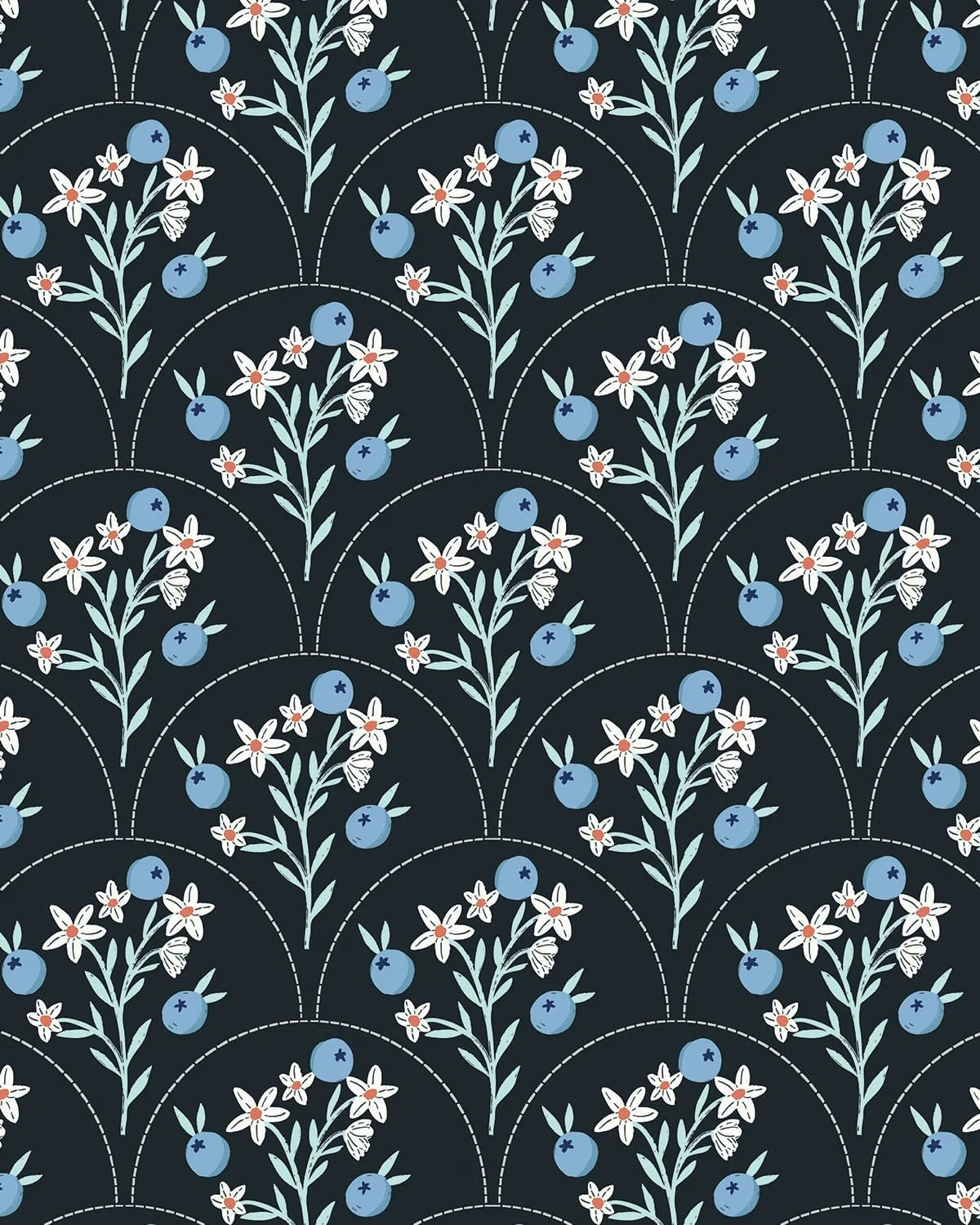 Dark botanical scallop arch pattern with blueberries and white daisies on deep navy by Yours Always Anna — moody floral surface design for fabric and wallpaper licensing