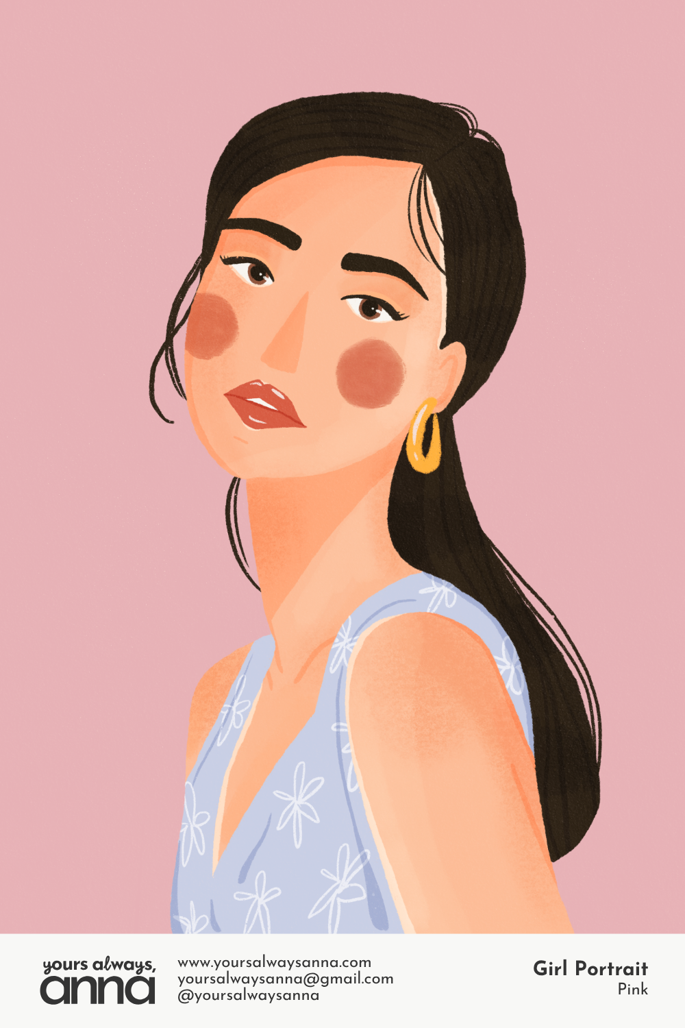 Portrait illustration of a dark-haired woman in a blue floral dress on a blush pink background by Yours Always Anna — fashion figure illustration available for editorial, greeting card, and apparel licensing