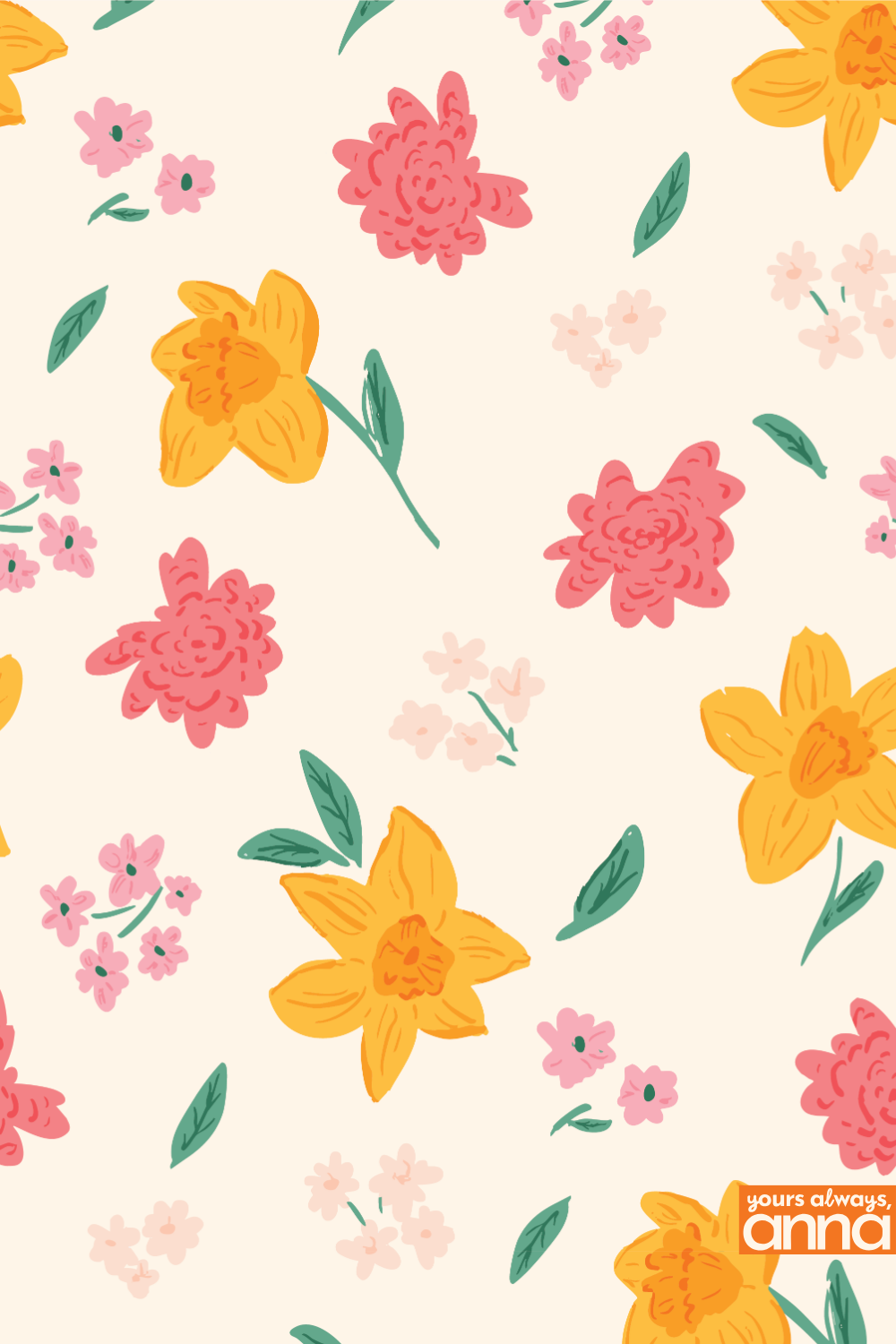 Cream background scattered daffodil toss pattern with soft blue and peach blooms and falling petals.