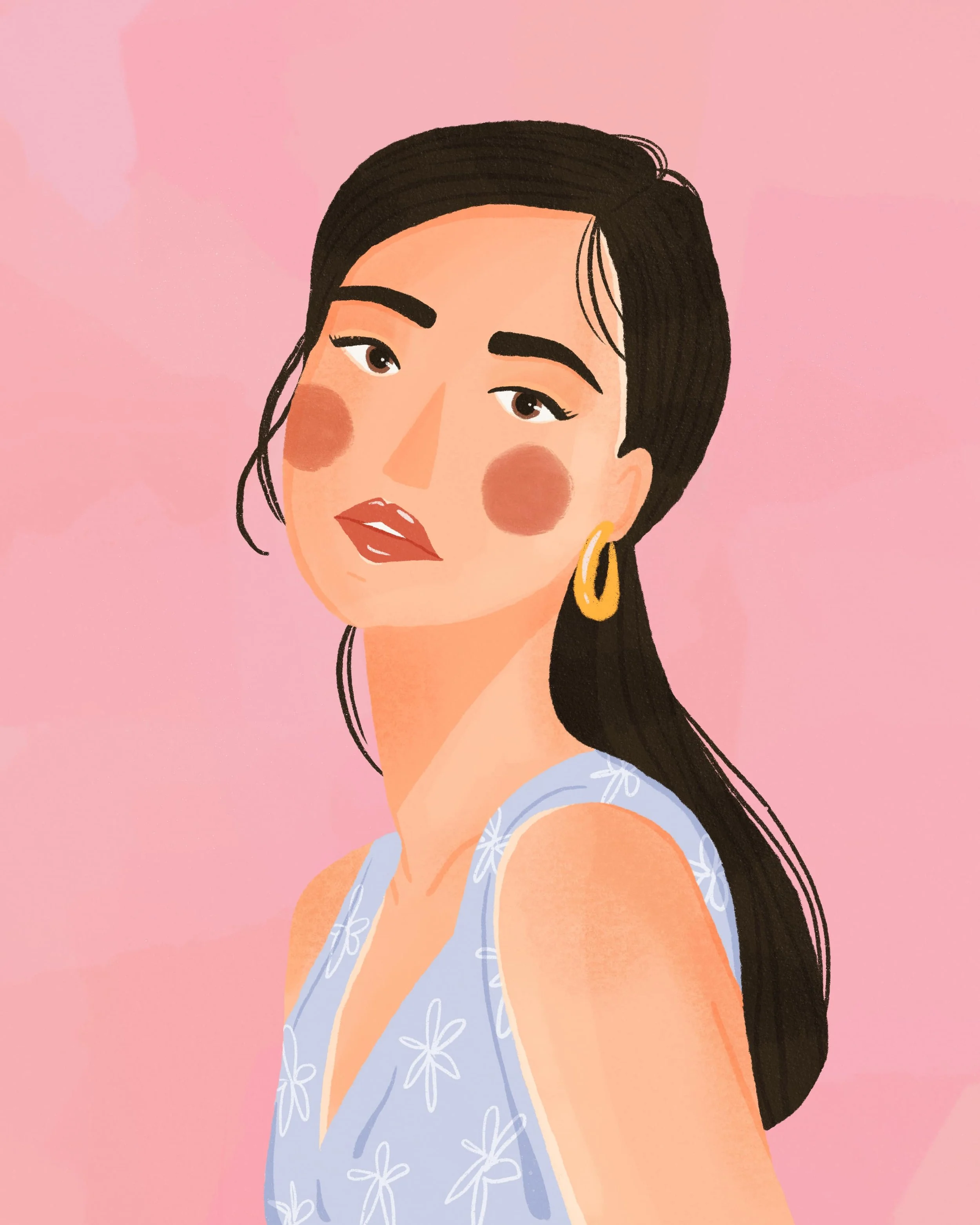 Expressive woman portrait illustration on dusty pink background with gold hoop earrings by Yours Always Anna — fashion portrait art for editorial and licensing