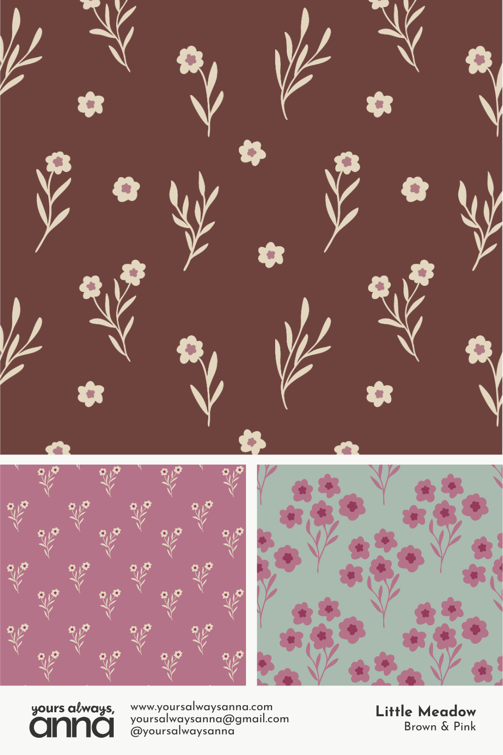 Three coordinated daisy patterns from the Little Meadow floral collection in brown, sage, and pink colorways.