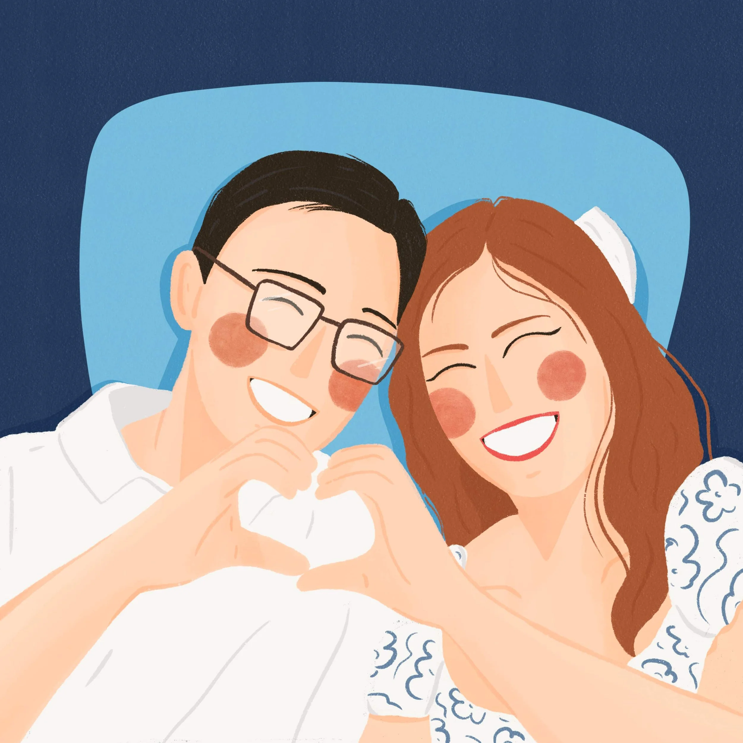 Joyful couple portrait illustration with a man in glasses and woman making a heart shape with their hands on a navy and teal background by Yours Always Anna — custom couple portrait commission for anniversary gifts, valentines, and keepsake art