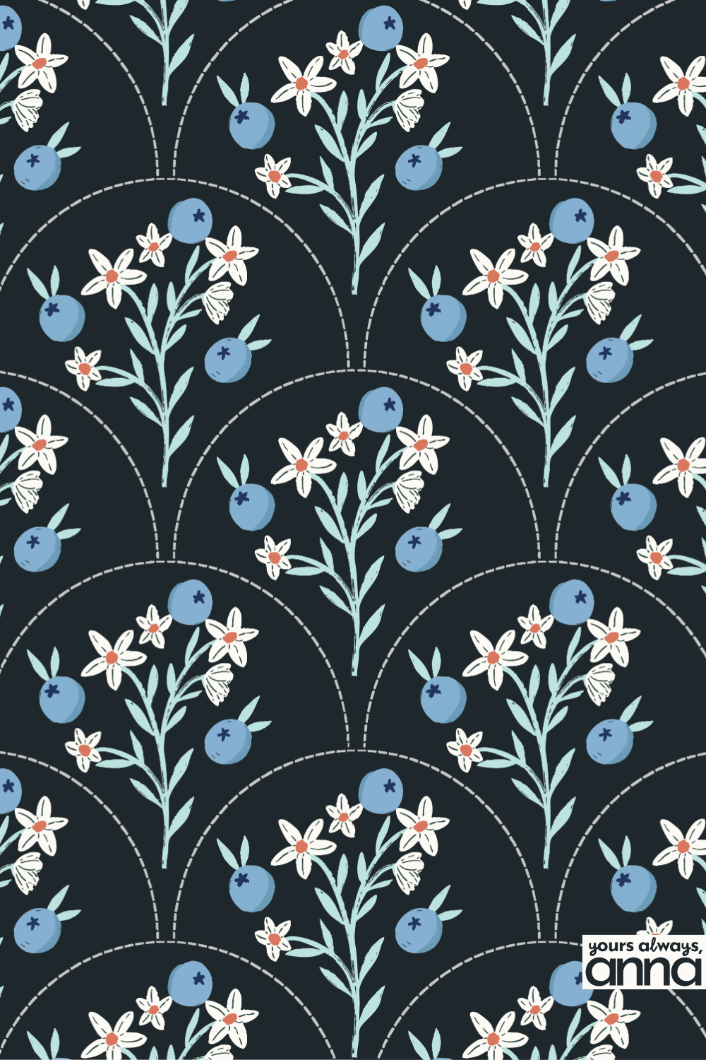 Navy background scallop pattern with white star flowers and blueberries in arching rows.