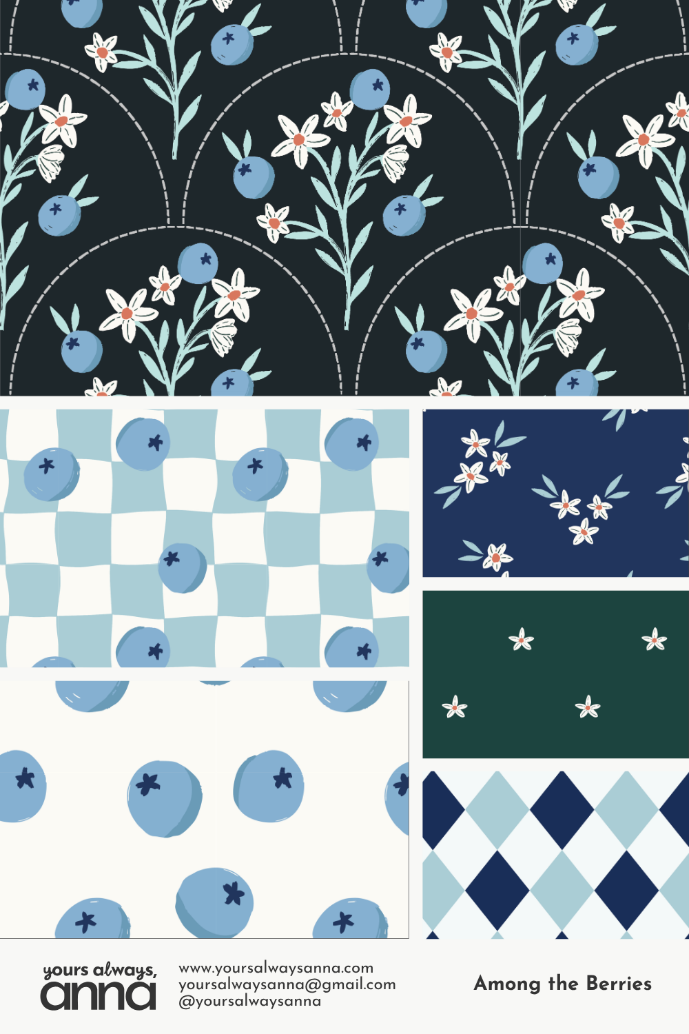 Coordinated blueberry, floral, and diamond patterns from the Blueberry Grove collection in navy, blue, and cream colorways.