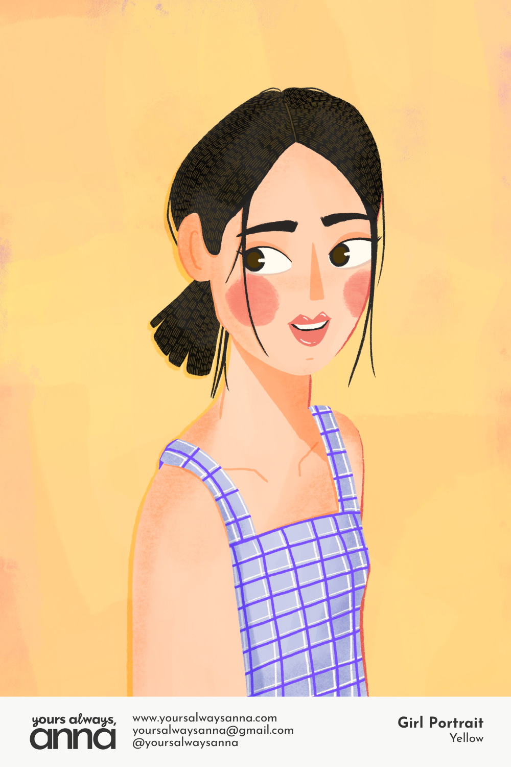 Portrait illustration of a dark-haired woman in a blue gingham checked dress on a warm yellow background by Yours Always Anna — fashion figure illustration available for greeting card, editorial, and apparel licensing