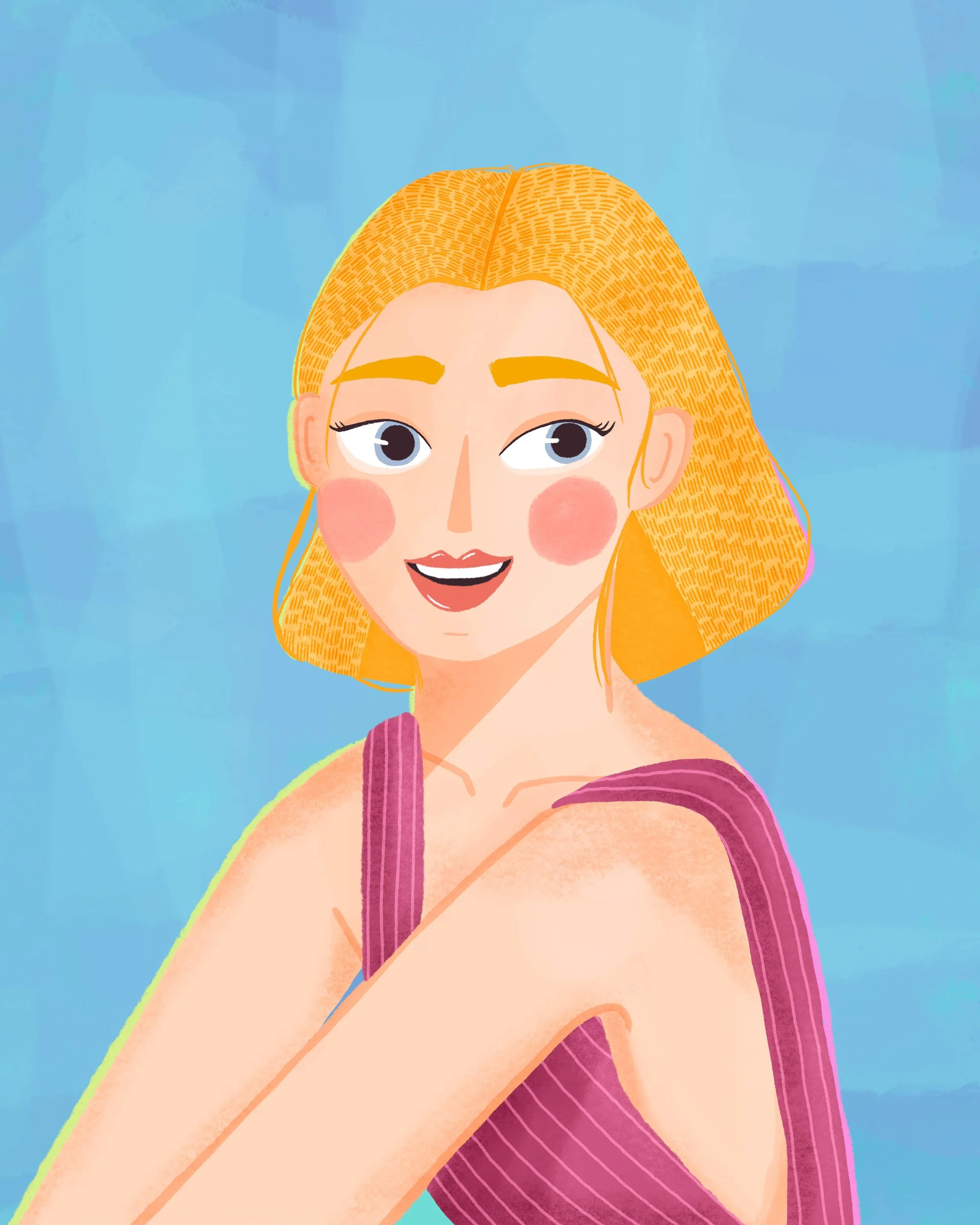 Expressive portrait illustration of a smiling blonde woman in a mauve top on a painterly blue background by Yours Always Anna — fashion figure art available for editorial, greeting card, and apparel licensing