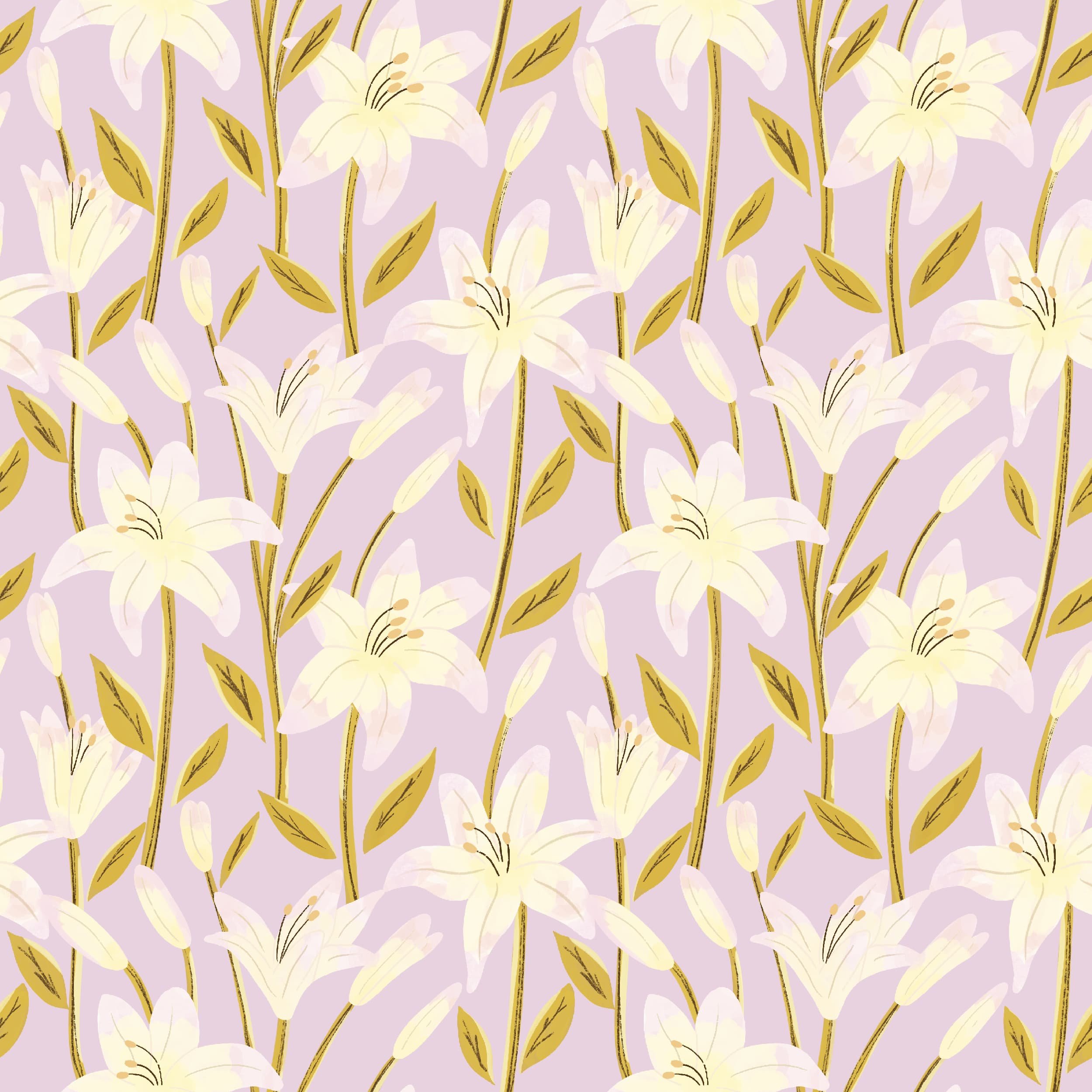 White lily large-scale floral repeat surface pattern on lavender by Yours Always Anna — botanical design available for stationery, fabric, wallpaper, and home decor licensing