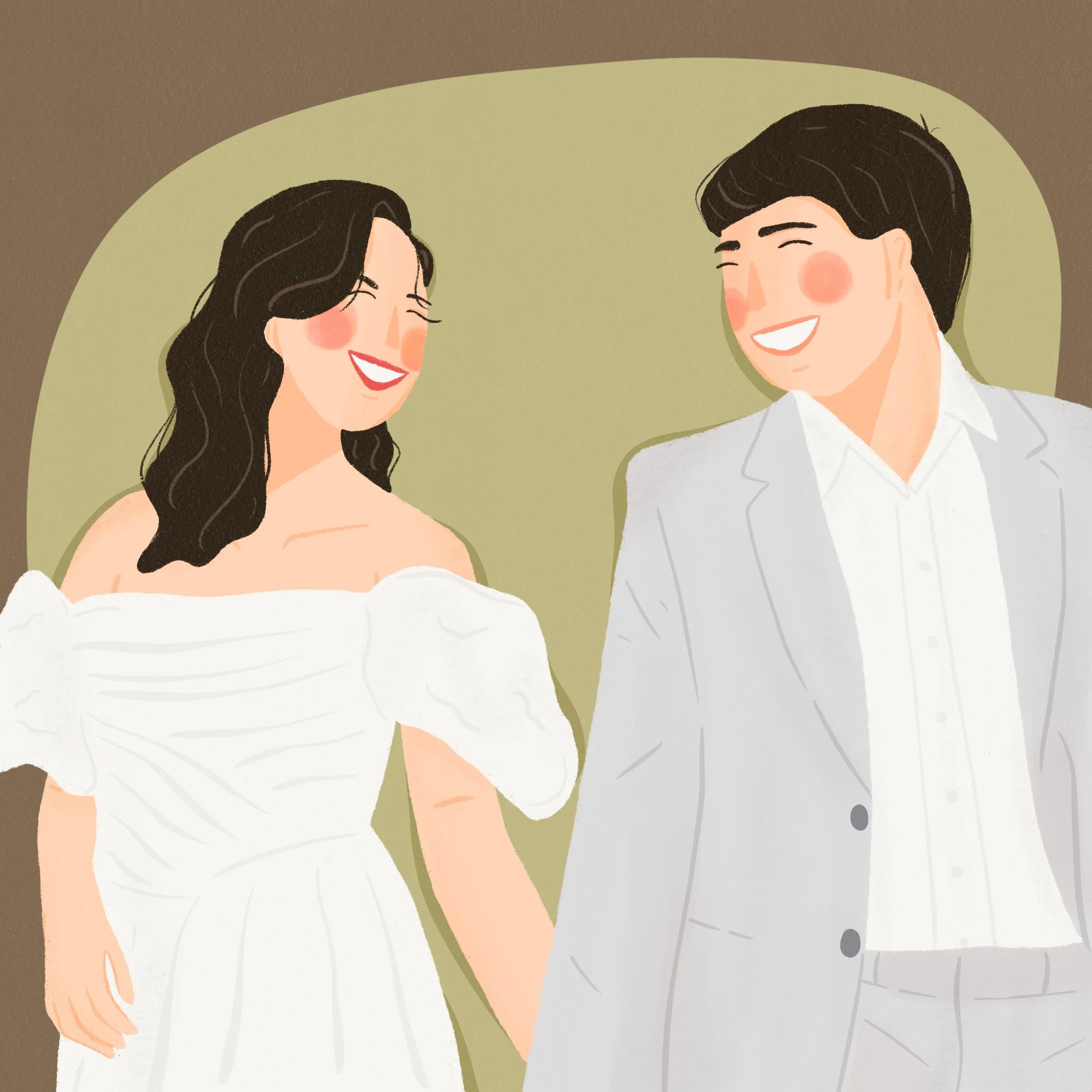 Illustrated wedding portrait of a bride in a white off-shoulder dress and groom in a light grey suit smiling together on a sage green background by Yours Always Anna — custom couple portrait commission available for wedding keepsakes and gifts
