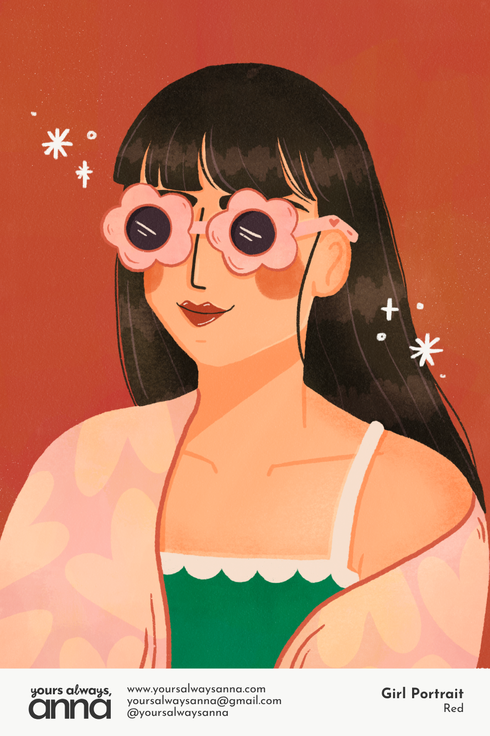 Bold portrait illustration of a young woman wearing oversized flower-shaped sunglasses on a warm terracotta background with sparkle details by Yours Always Anna — fashion figure illustration available for editorial, stationery, and apparel licensing