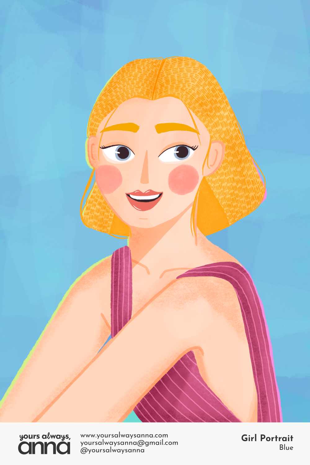 Expressive portrait illustration of a smiling blonde woman in a mauve top on a painterly blue background by Yours Always Anna — fashion figure illustration available for editorial, greeting card, and apparel licensing