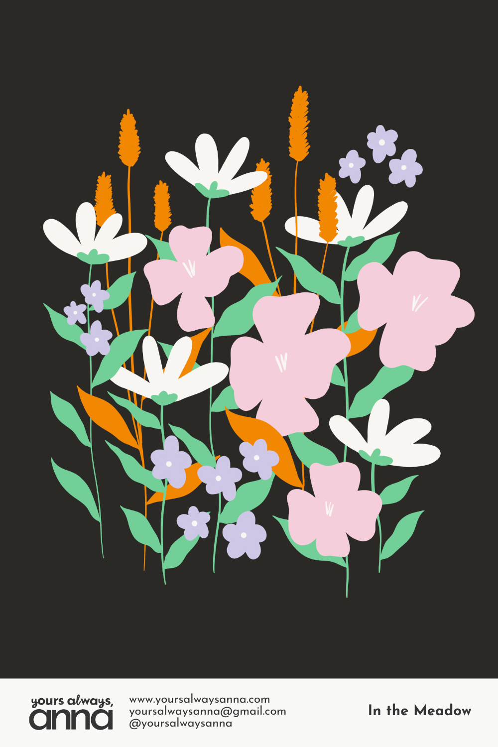 Hand-illustrated floral bouquet with pink, white, and lavender wildflowers on a deep dark background by Yours Always Anna — botanical illustration available for greeting card, stationery, and home decor licensing