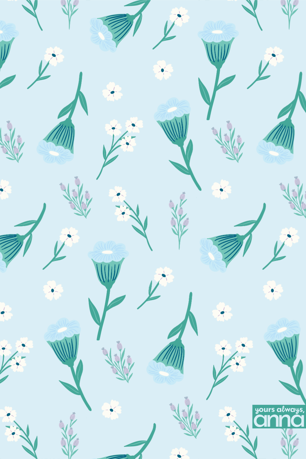 Light blue background scattered wildflower pattern with white daisies, teal thistles, and lavender sprigs.