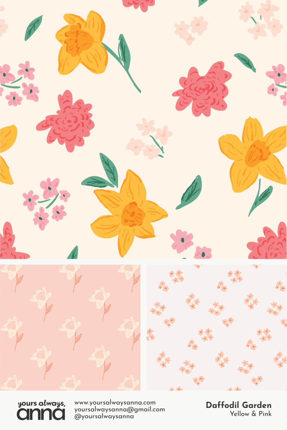 Three coordinated daffodil and ditsy floral patterns from the Daffodil Garden collection in blue, pink, and peach colorways.