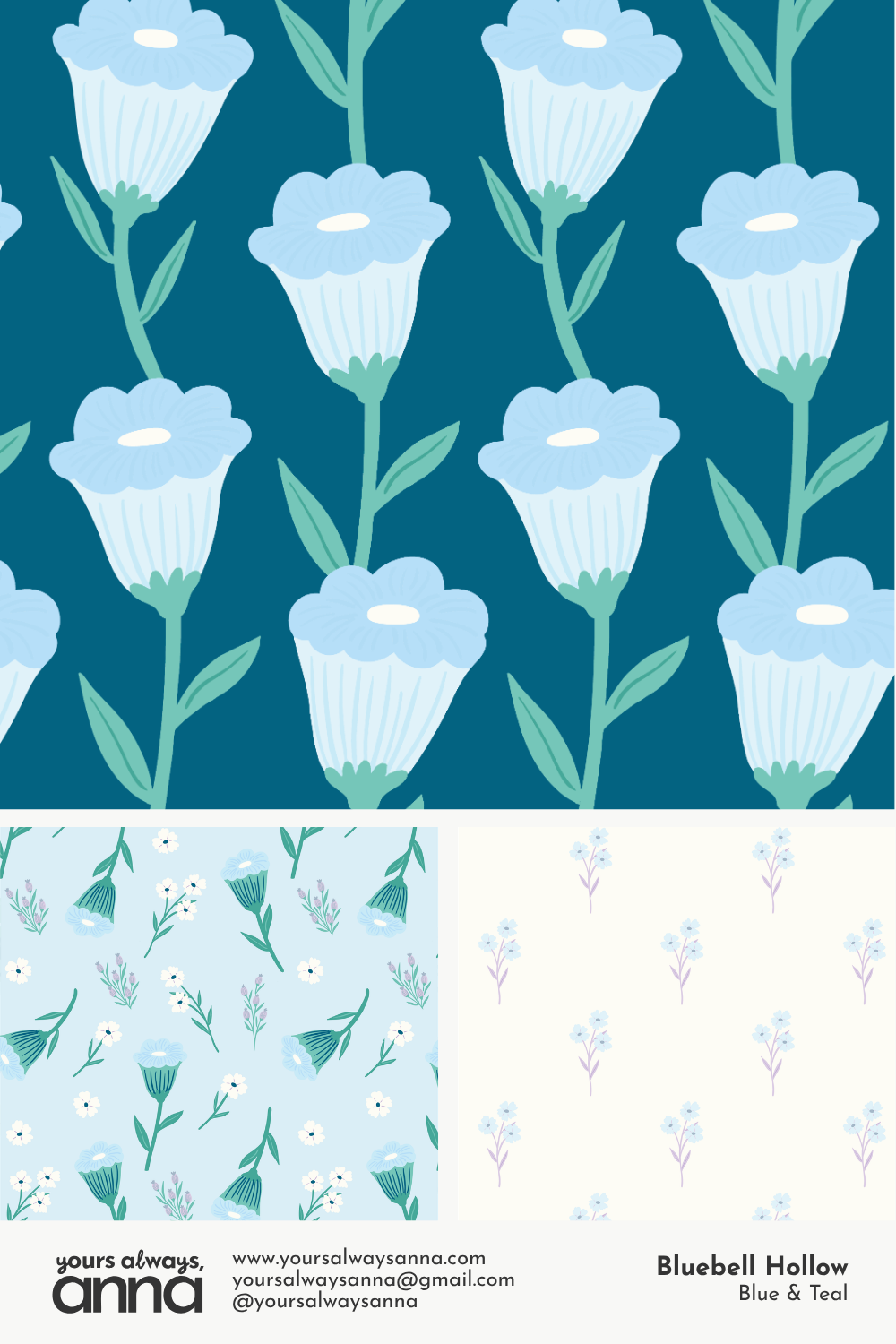 Three coordinated bluebell and wildflower patterns from the Bluebell Hollow collection in teal, blue, and cream colorways.