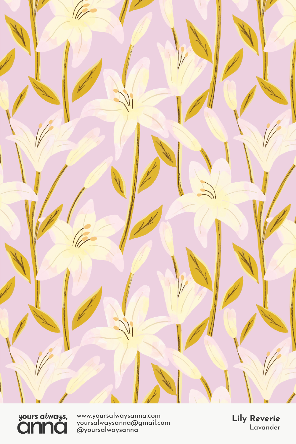 Lavender background repeat pattern of large cream and blush lily flowers with gold stems and leaves.
