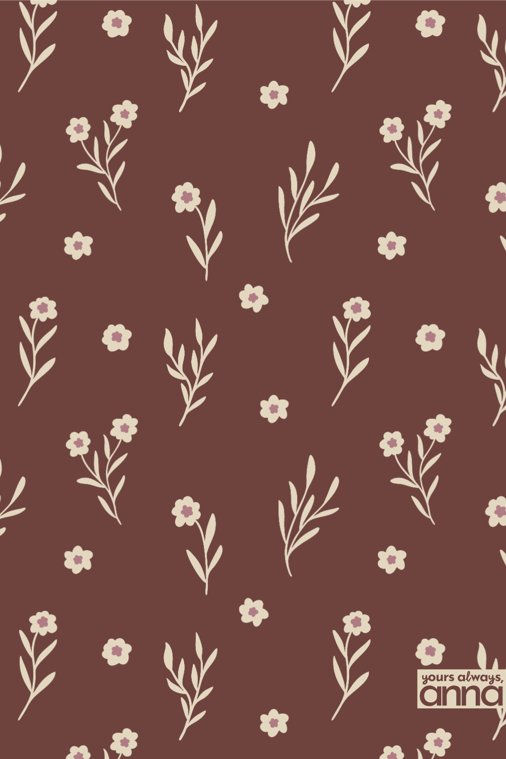 Seamless brown and white daisy toss pattern with cream flowers and mauve centers on a deep brown background.