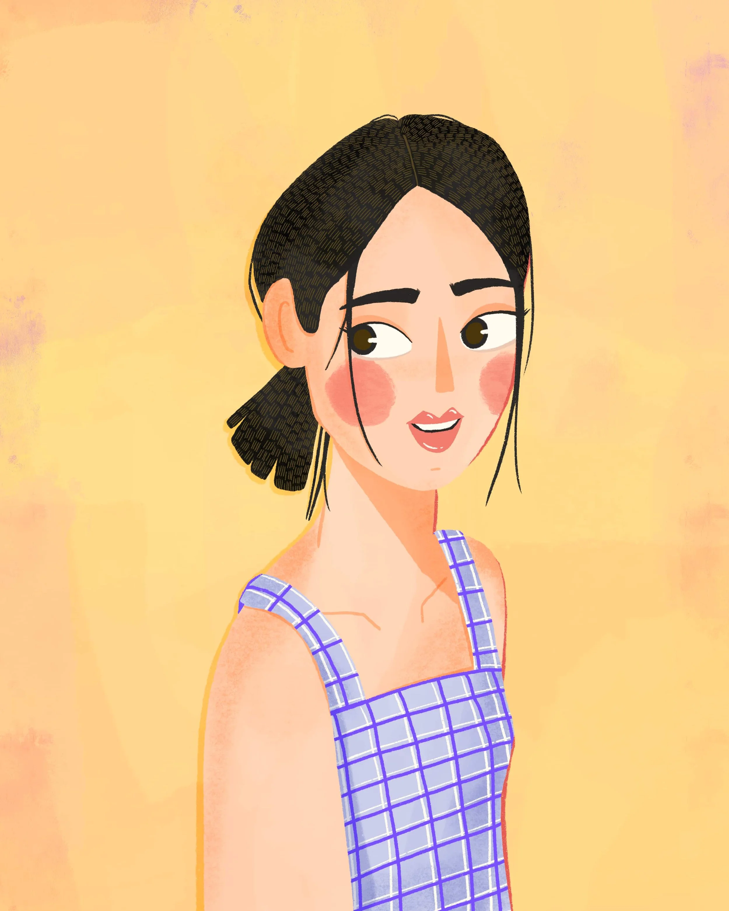 Woman portrait illustration on warm yellow background by Yours Always Anna — expressive fashion figure art available for editorial and greeting card licensing