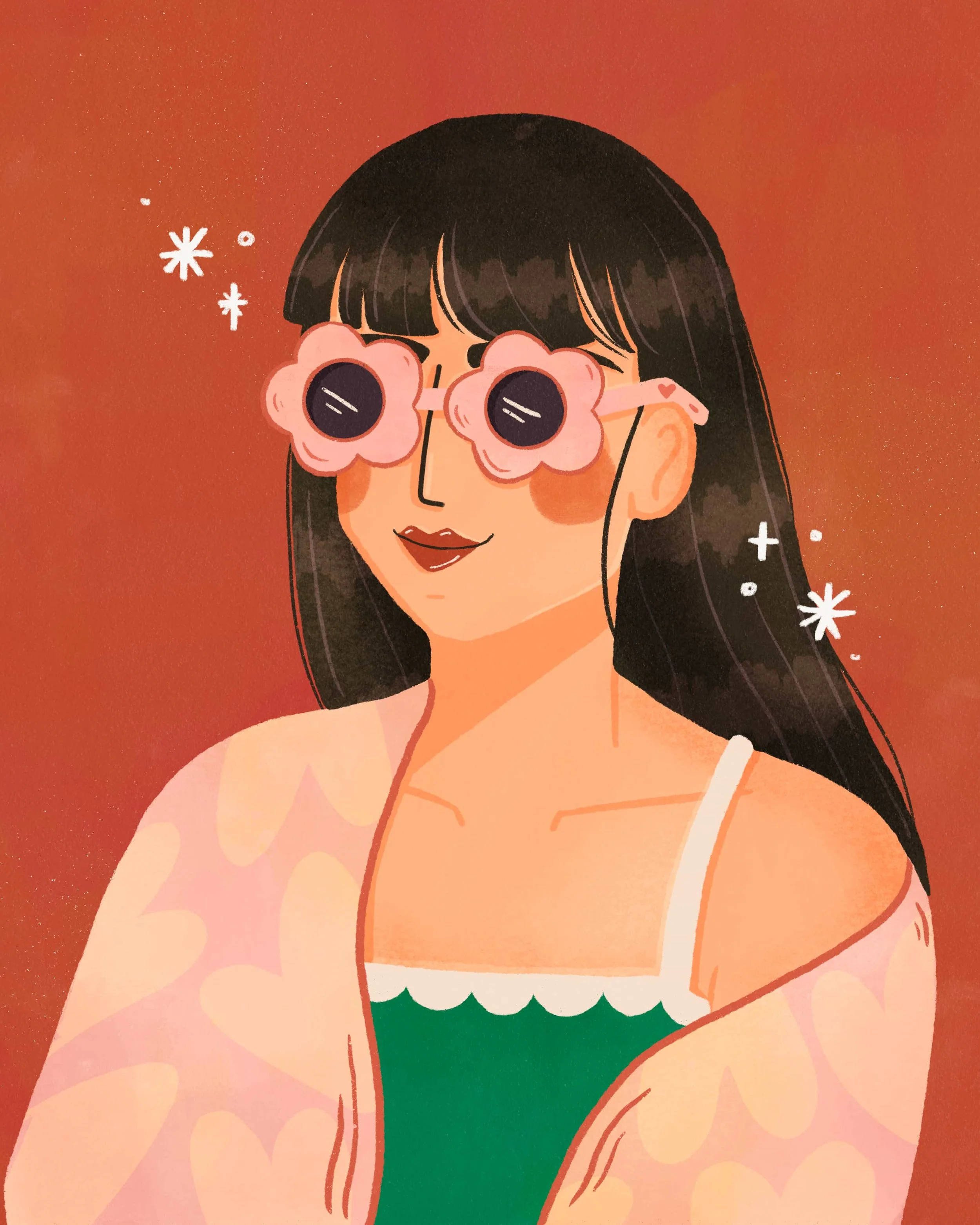 Fashion girl portrait illustration with pink flower sunglasses on bold red background by Yours Always Anna — editorial character illustration for apparel and brand licensing