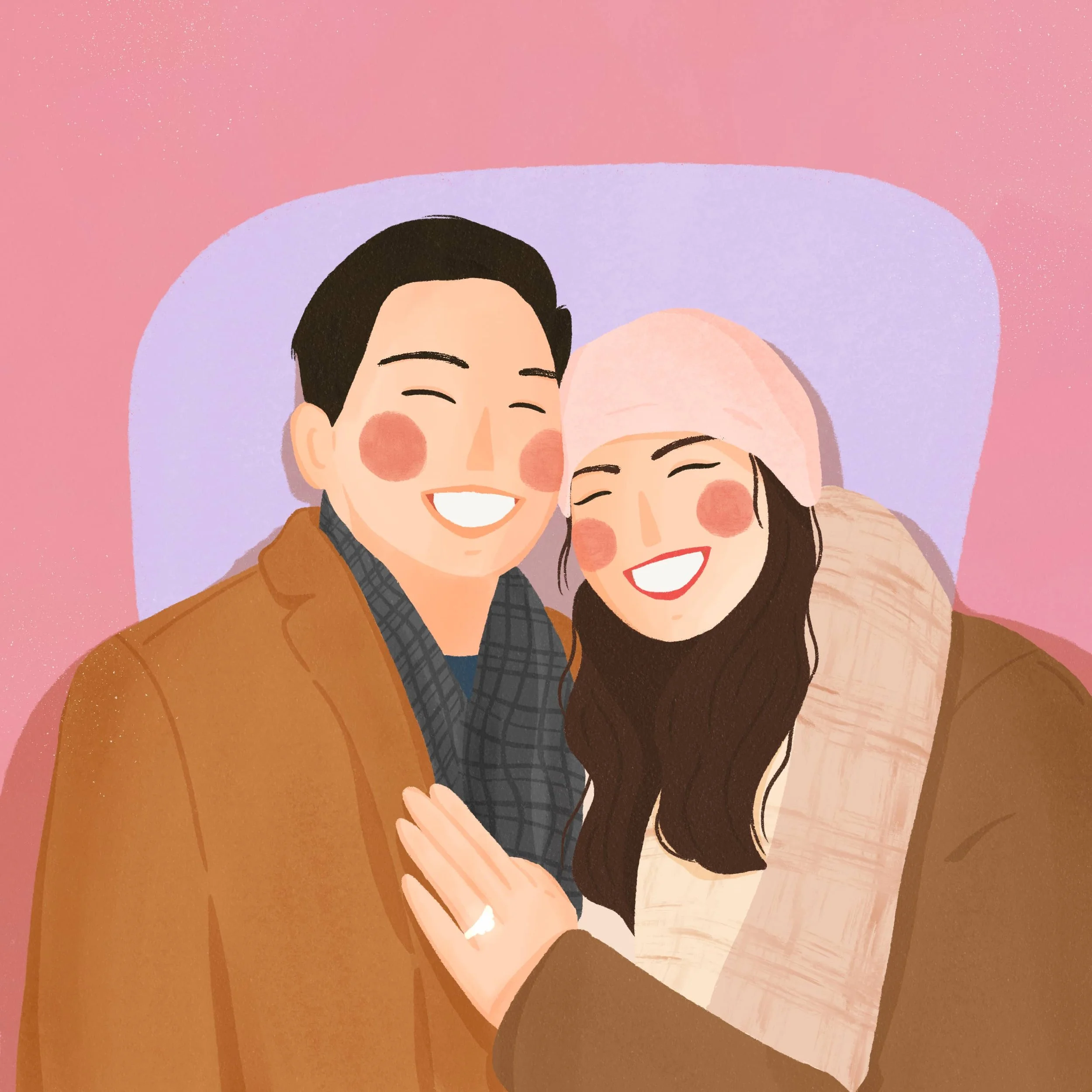 Warm couple portrait illustration showing a man and woman smiling together with an engagement ring on a pink and lavender background by Yours Always Anna — custom portrait commission available for cards, gifts, and keepsake art