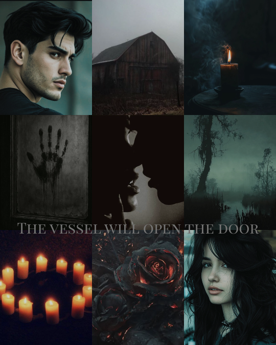 A collage of nine images including a man with dark hair, a weathered barn, a lit candle, a handprint on a wall, a couple whispering, a foggy swamp, candles in a circle, dark roses, and a woman with black hair.