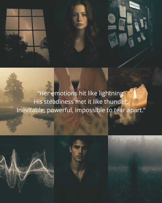 Collage of six images with a quote about strong emotions and steadiness in the center. Top left shows a window with lightning outside, top middle a young woman with long red hair, top right a bulletin board with notes and photos, middle left a lake scene with trees, middle center hands holding each other, middle right a lit candle with smoke, bottom left abstract sound wave, bottom middle a young man with dark hair, bottom right a foggy forest.