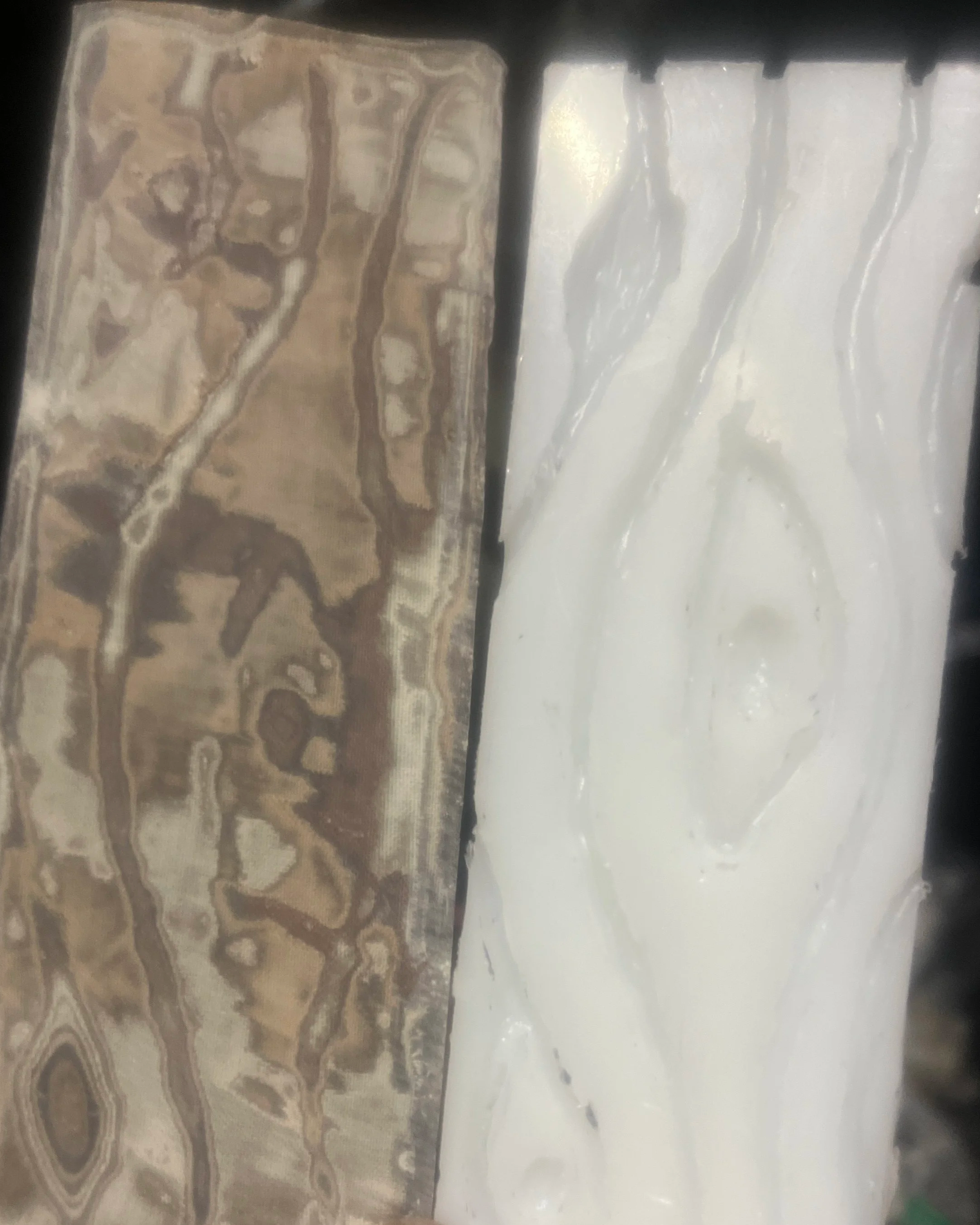 A glimpse at my Damascus Micarta procedure. 