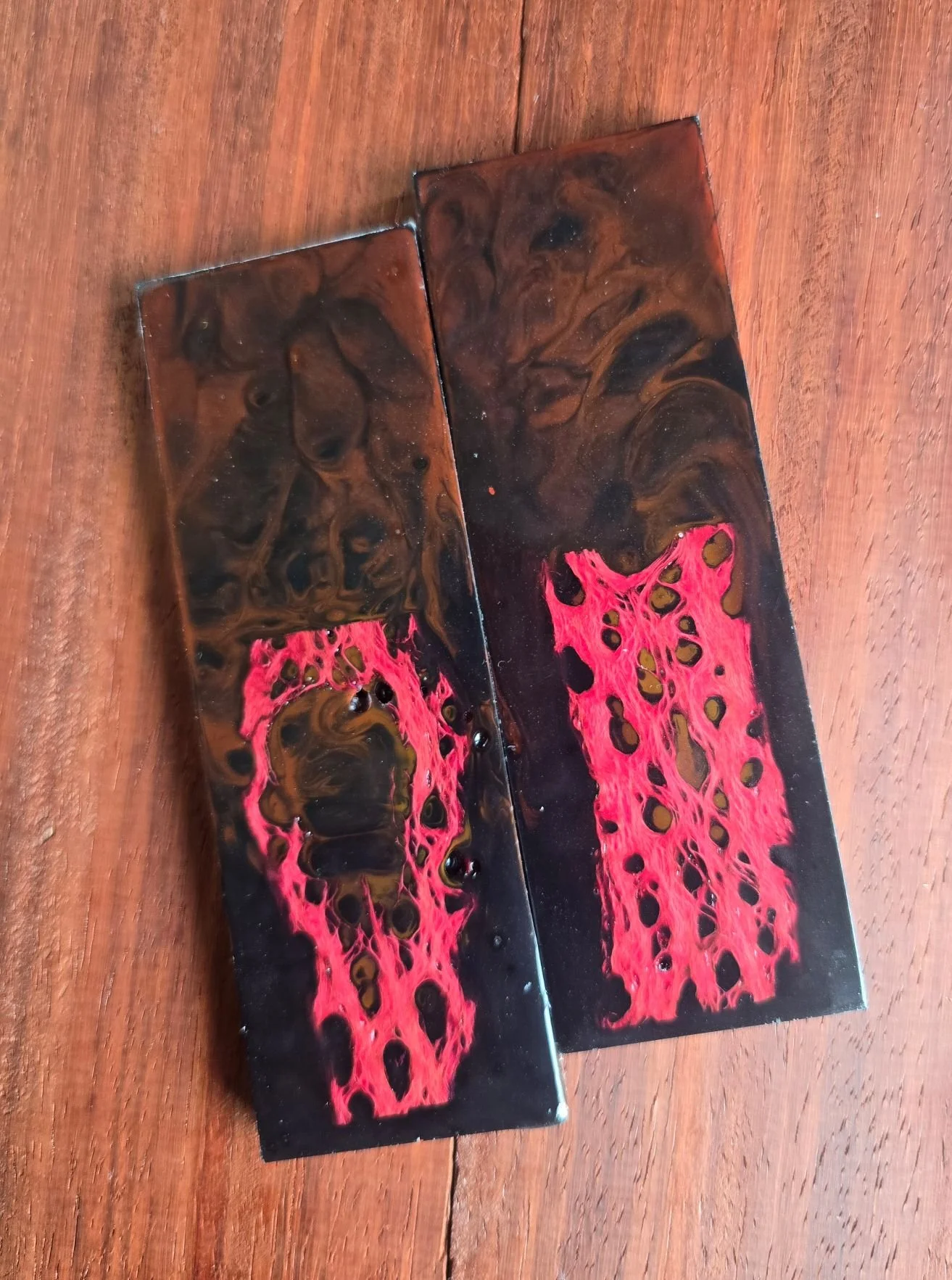 .4x2x6 inch Red stabilized Cholla Cactus in black and red swirl resin knife scales