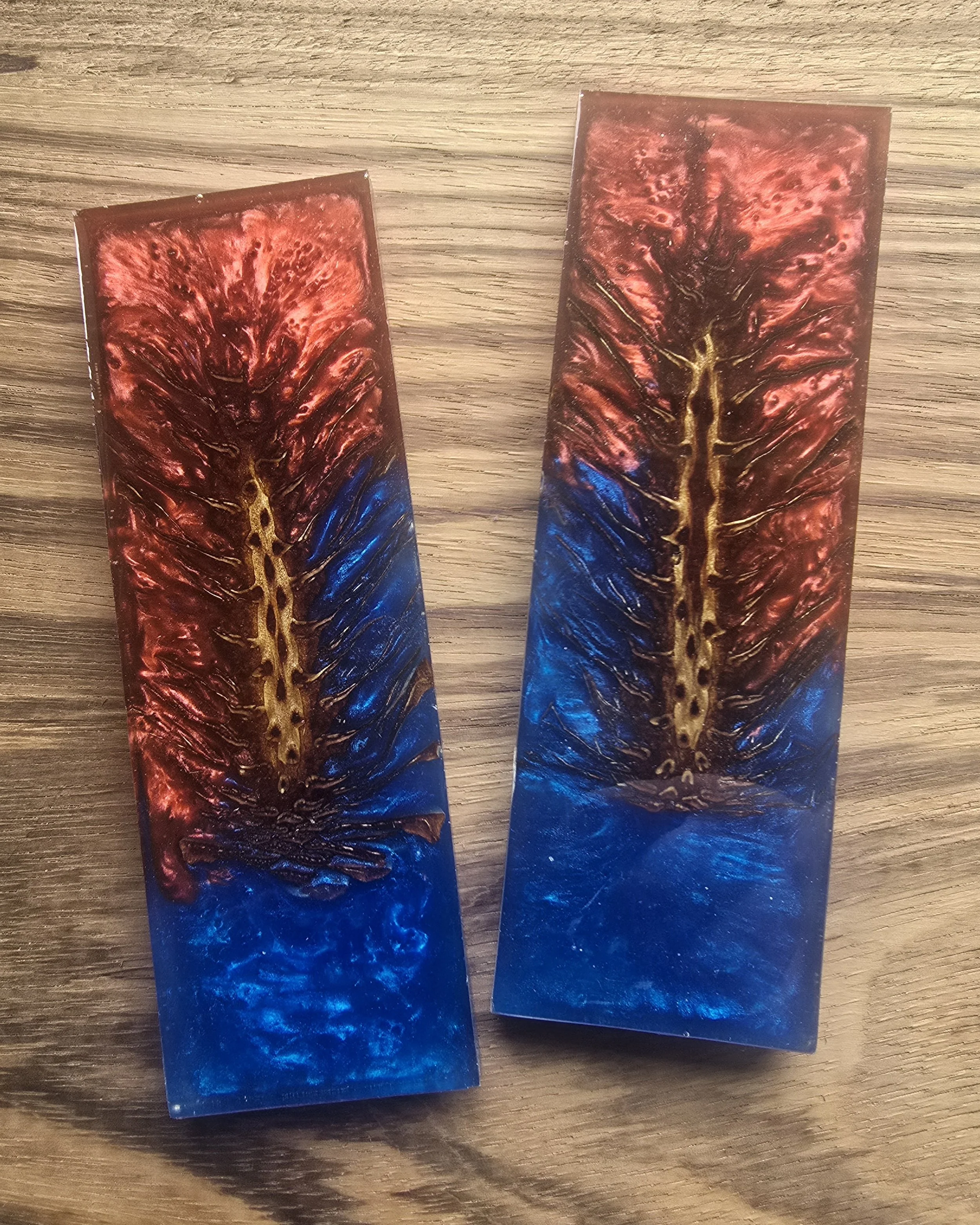 .4x2x6 inch Pinecone knife scales in red and blue pearl resin
