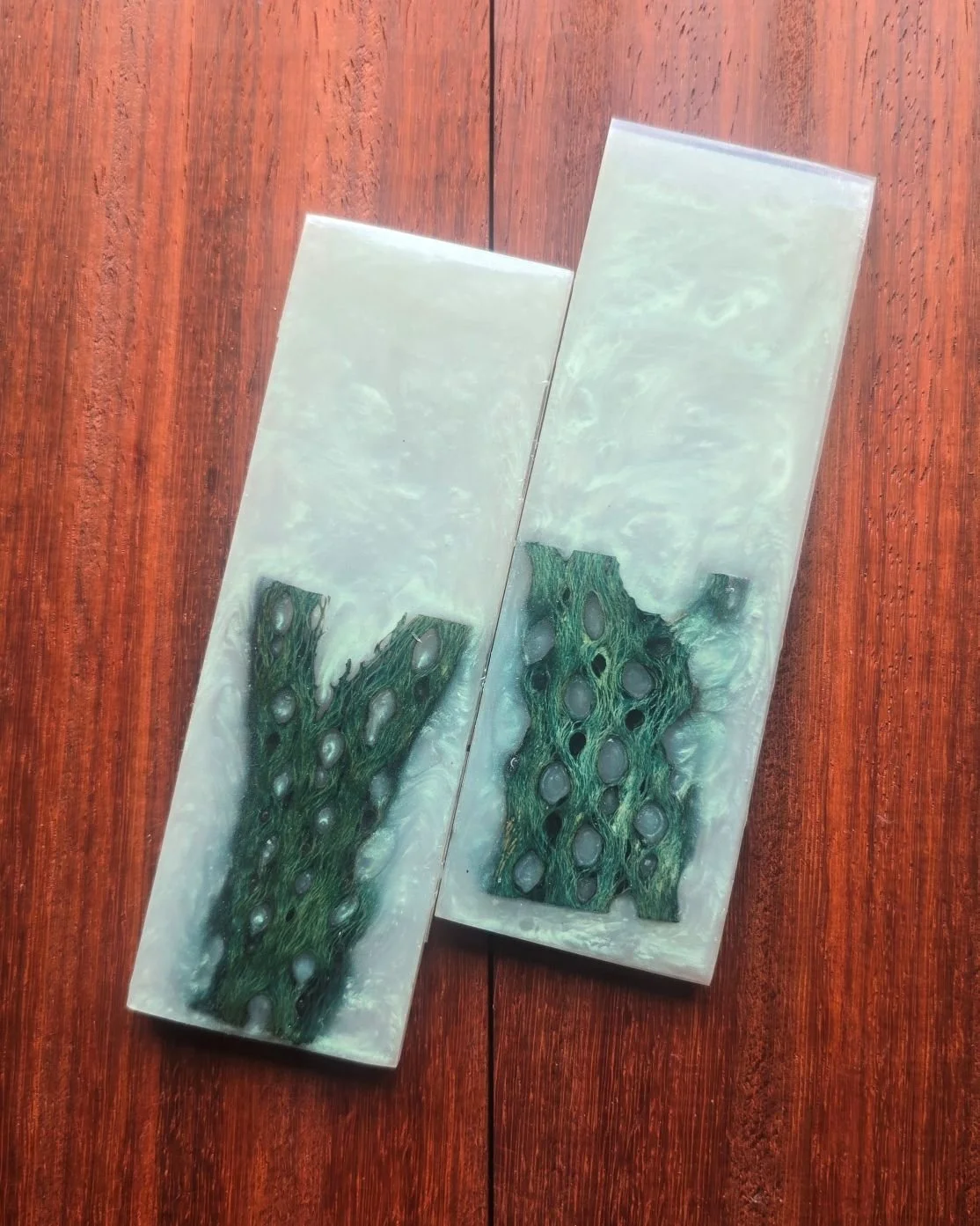 .4x2x6 inch Green Stabilized Cholla Cactus in green interference pearl resin knife scales