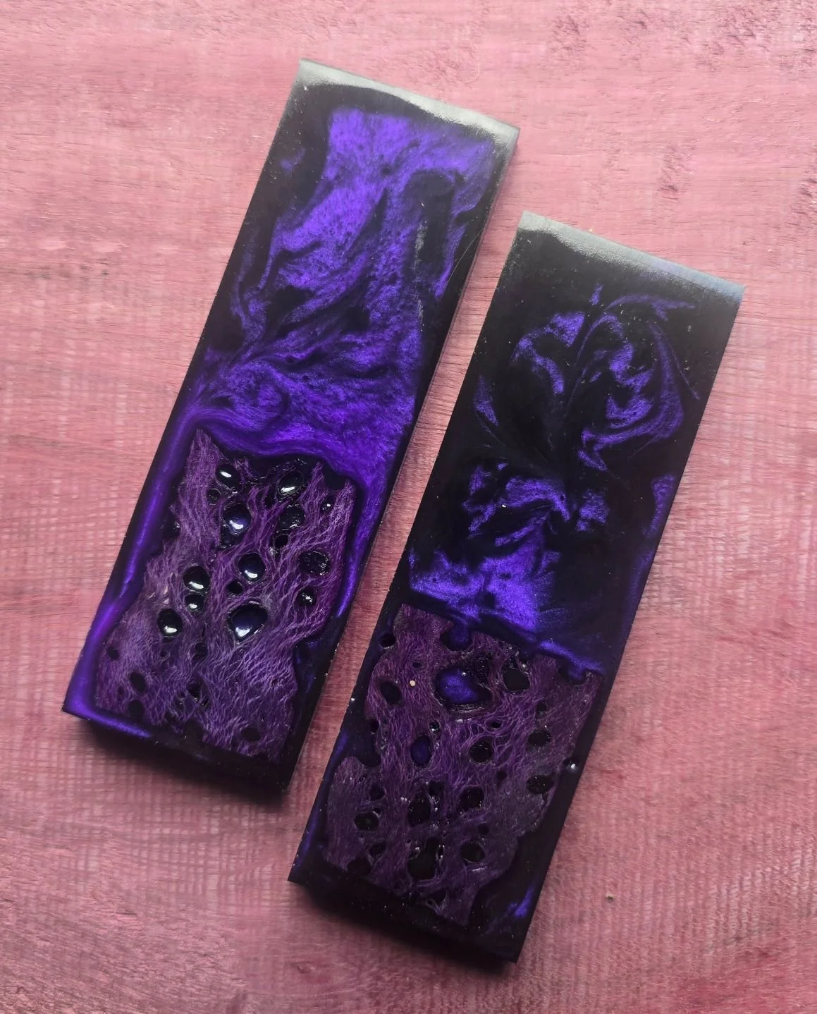 .4x2x6 inch Purple Stabilized Cholla Cactus in black resin with purple swirl knife scales