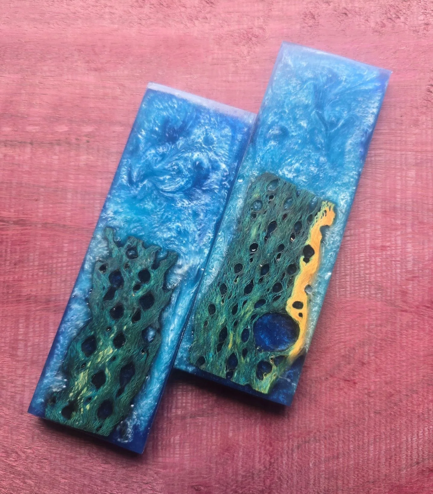 .4x2x6 inch Blue Stabilized Cholla Cactus in blue swirl resin knife scales
