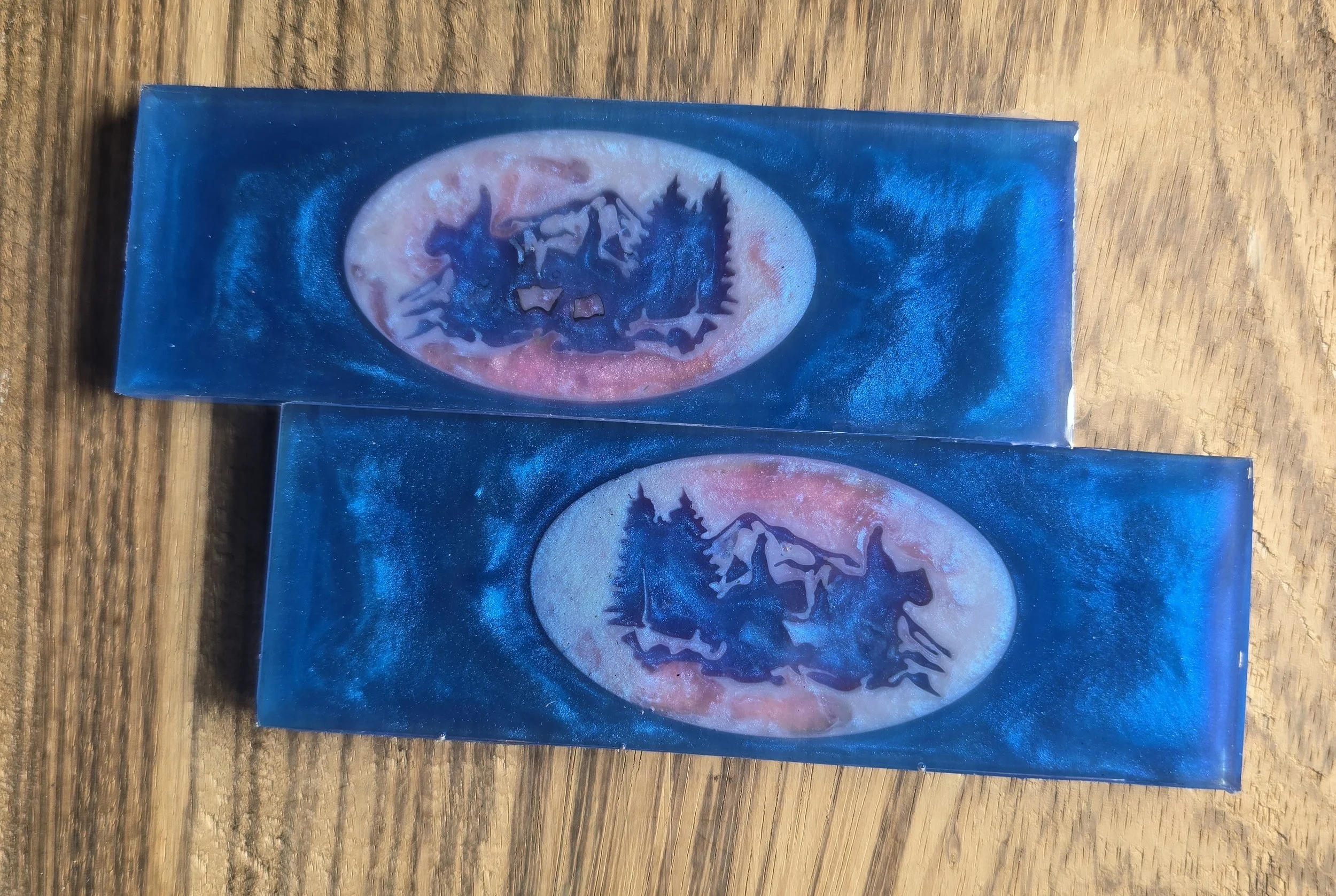 .4x2x6 inch BLUE PEARL RESIN KNIFE SCALES COWBOYS RIDING THROUGH A MOUNTAIN PASS SCENE