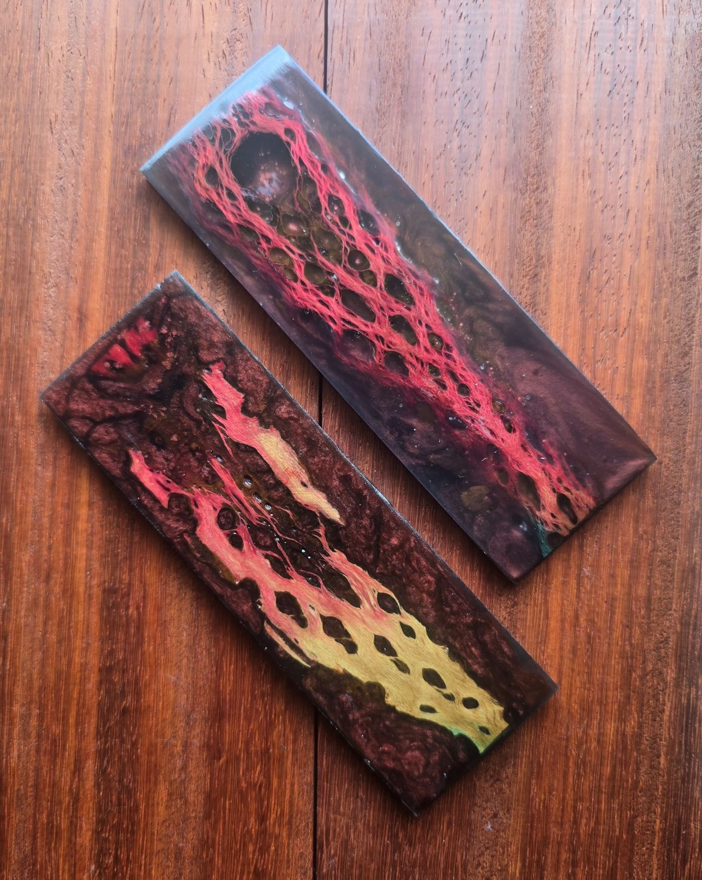 .4x2x6 inch Red Cholla in black and red swirl resin knife scales