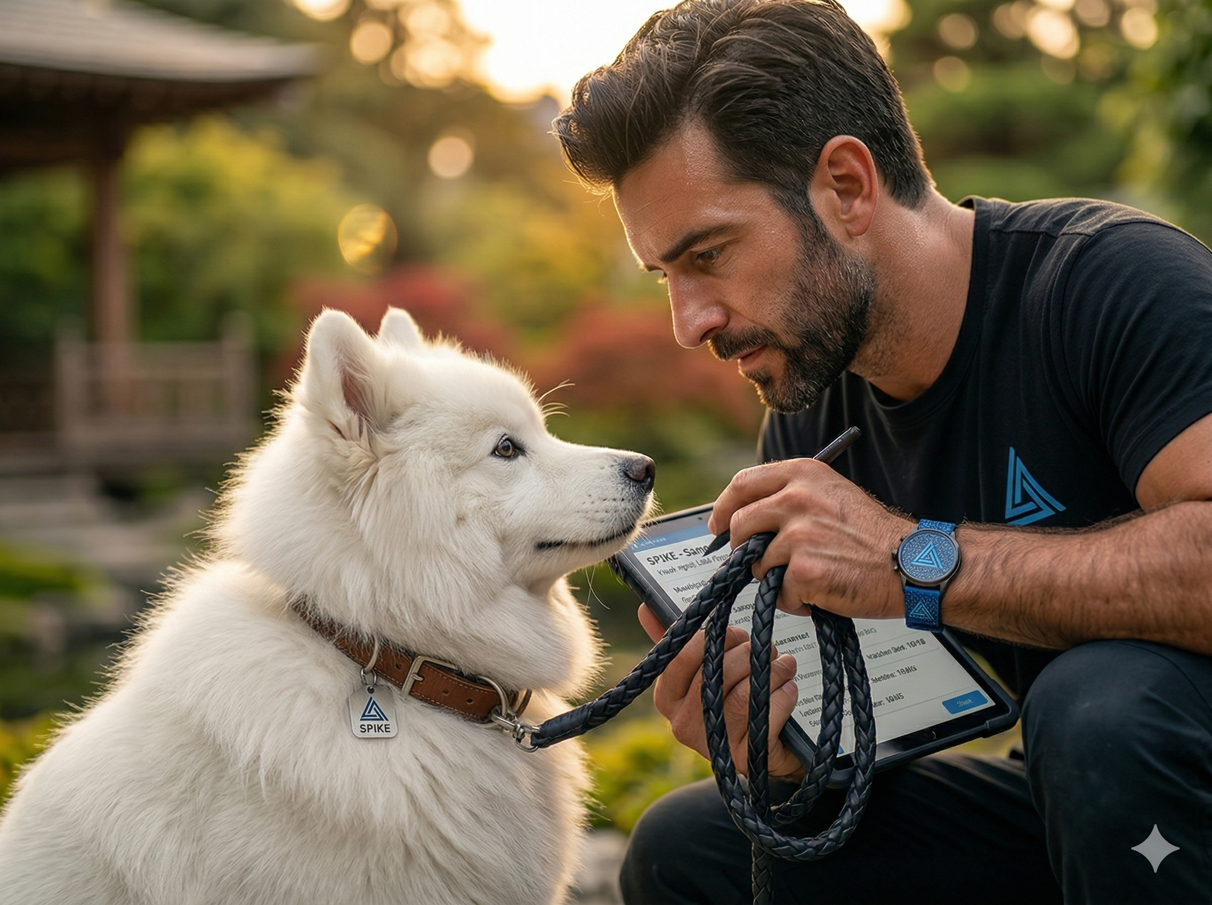 Un hombre sostiene el collar de un perro blanco de raza husky mientras mira una tableta, en un entorno al aire libre con árboles y vegetación en el fondo durante el atardecer.