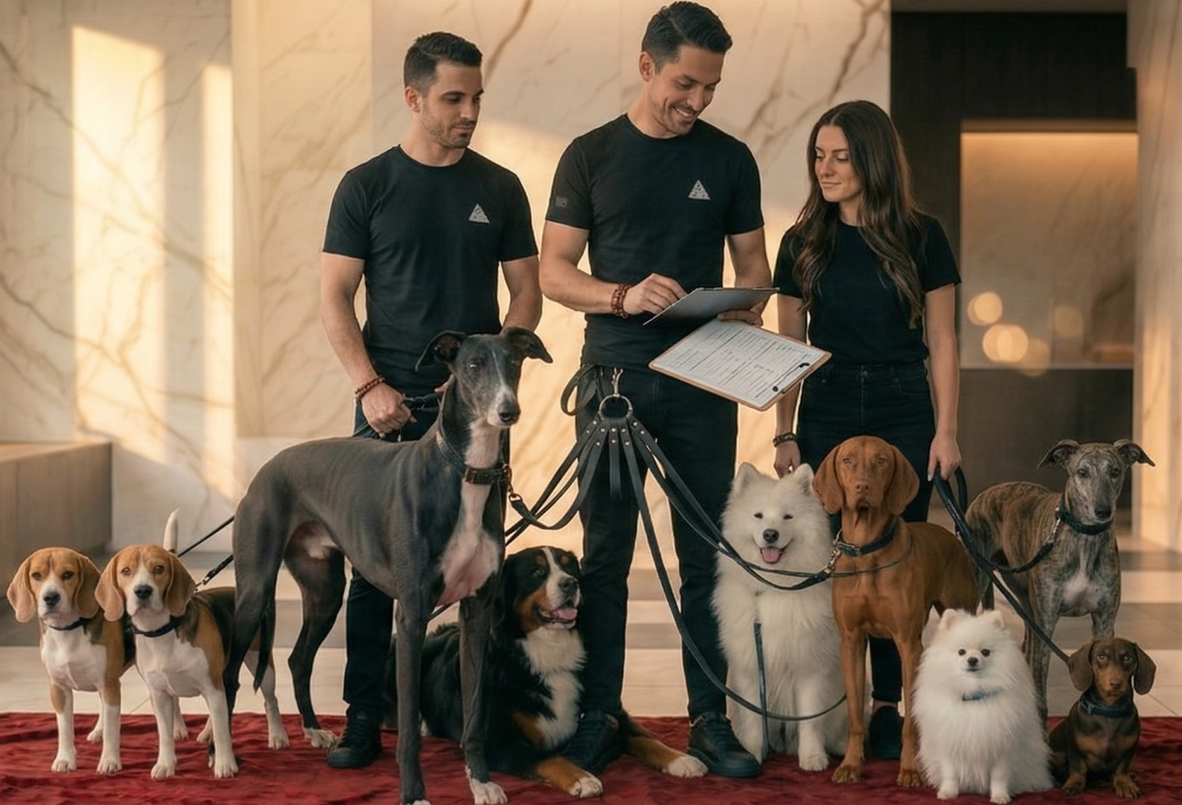 Tres personas interactuando con varios perros en un ambiente interior elegante, con fondo de paredes de mármol.