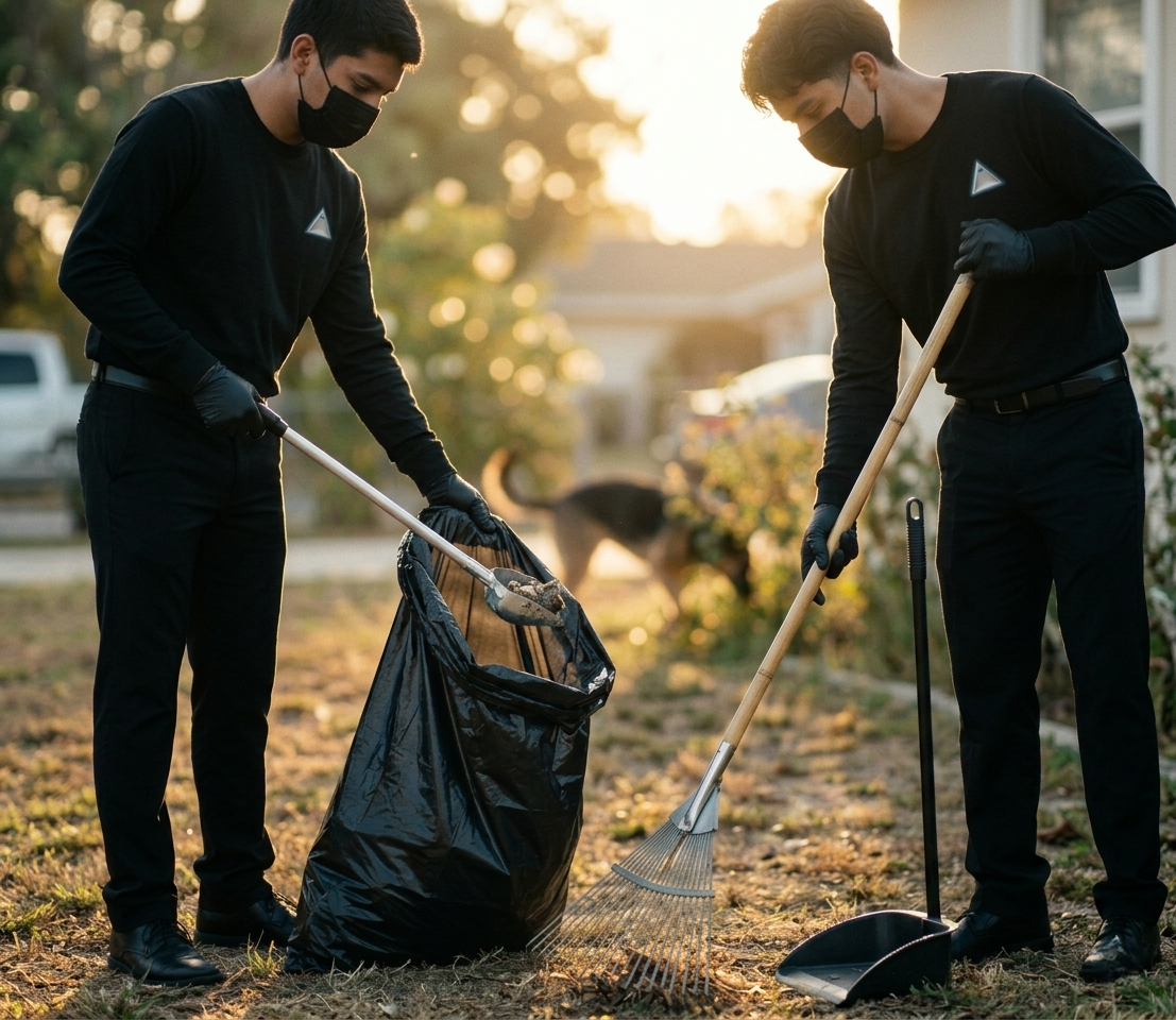 Dos jóvenes adultos con guantes y mascarillas recogiendo basura en un parque con herramientas de limpieza, en un ambiente al atardecer.