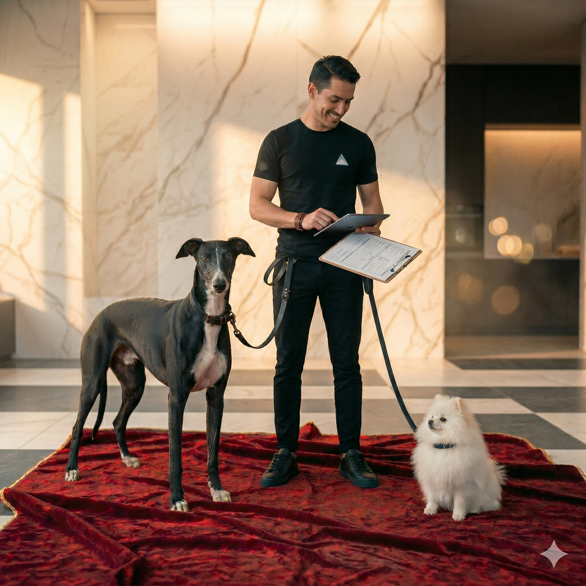 Hombre con dos perros en un vestíbulo, uno de raza galgo italiano y otro de raza pomerania, sobre una alfombra roja. El hombre sostiene un clip con documentos y una tablet.